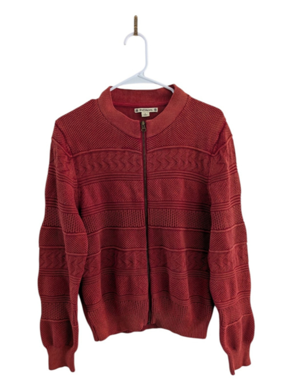 Ruff Hewn Women’s Brick Red Textured Knit Full Zip Sweater Jacket 100% Cotton - Picture 2 of 4